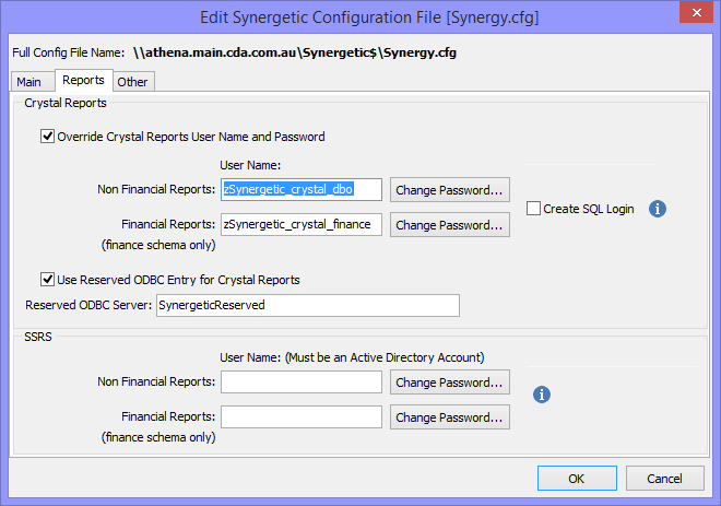 Edit Synergetic Configuration File [Synergy.cfg] window - Crystal Reports tab